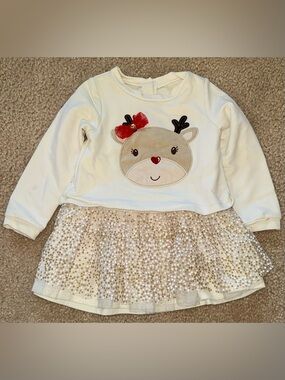 Girls Cream Reindeer Dress with Gold Sequin Tulle Skirt